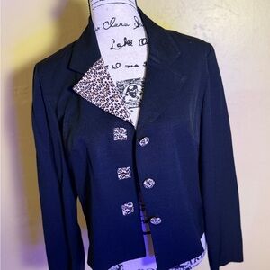 Women's Vintage Funky Black Blazer with Leopard Print Accents